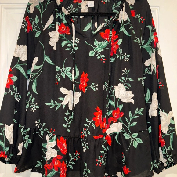 Old Navy Black Floral Ruffled Georgette Swing Blouse sz Lg - Picture 2 of 10